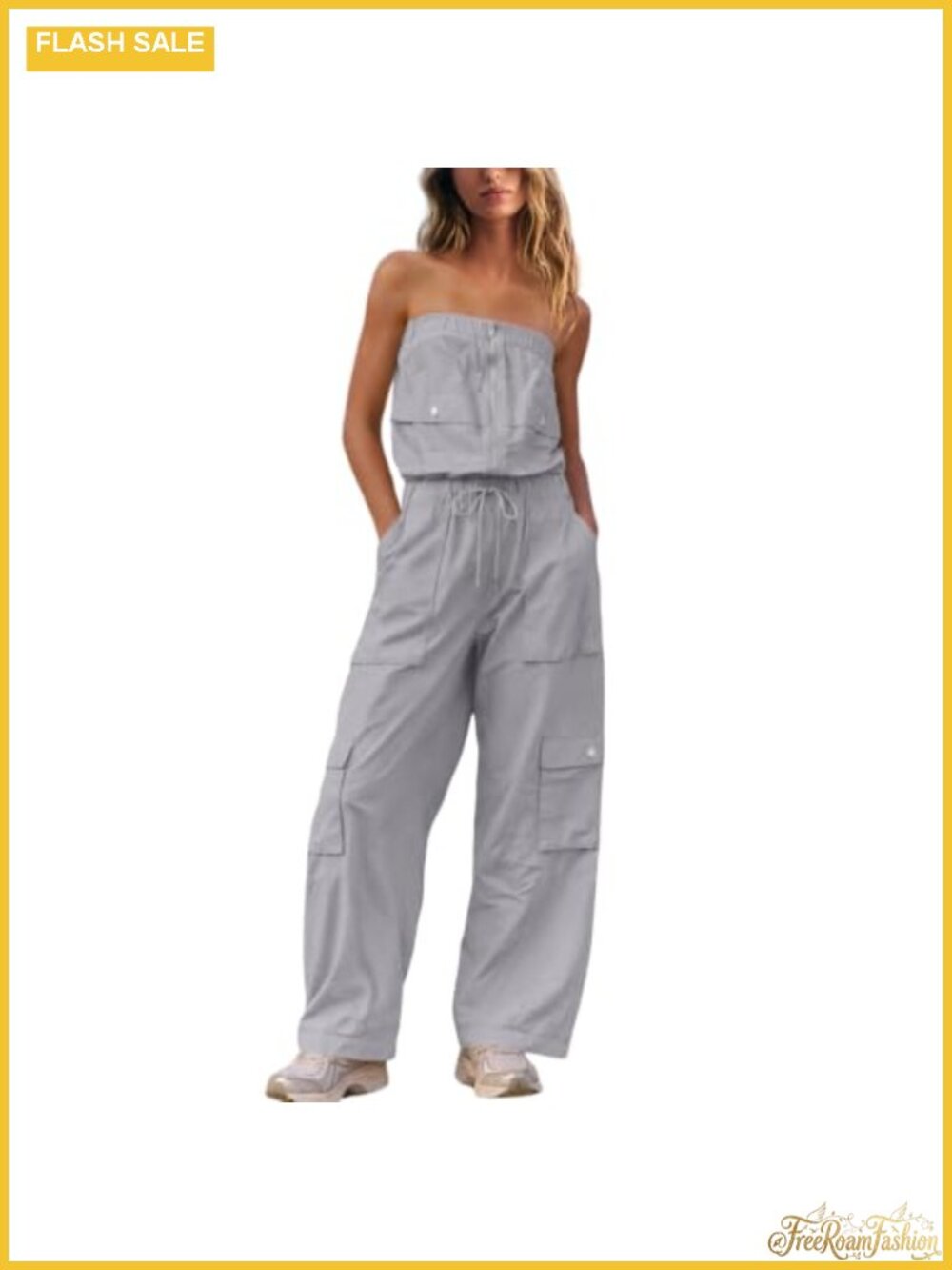 Strapless Jumpsuit Romper Cargo Pants One Piece Wide Leg Sleeveless Elastic